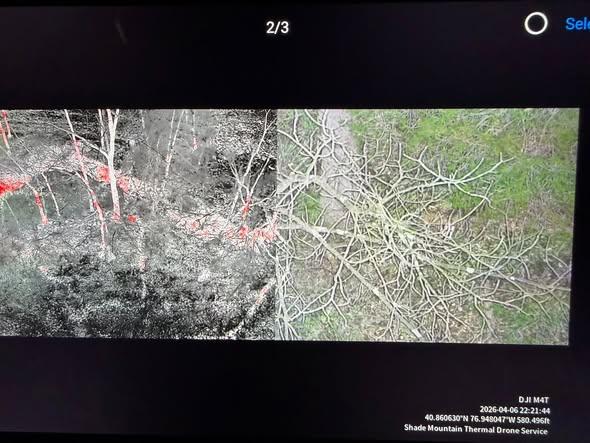 Side-by-side thermal and visible drone imagery of a wooded hillside showing red heat signatures